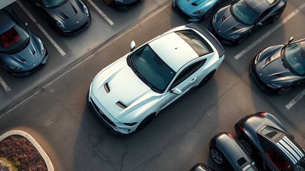 Overhead aerial view of a Saleen Mustang parked on a premium automotive collector's lot with multiple high-end performance vehicles visible, showcasing exclusivity and prestige positioning, professional real estate photography style with natural daylight