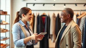 Professional retail sales associate in business casual attire assisting diverse customer in modern clothing store, both smiling, warm lighting, product displays visible in background, natural interaction