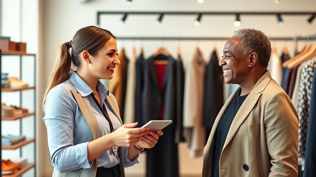 Professional retail sales associate in business casual attire assisting diverse customer in modern clothing store, both smiling, warm lighting, product displays visible in background, natural interaction