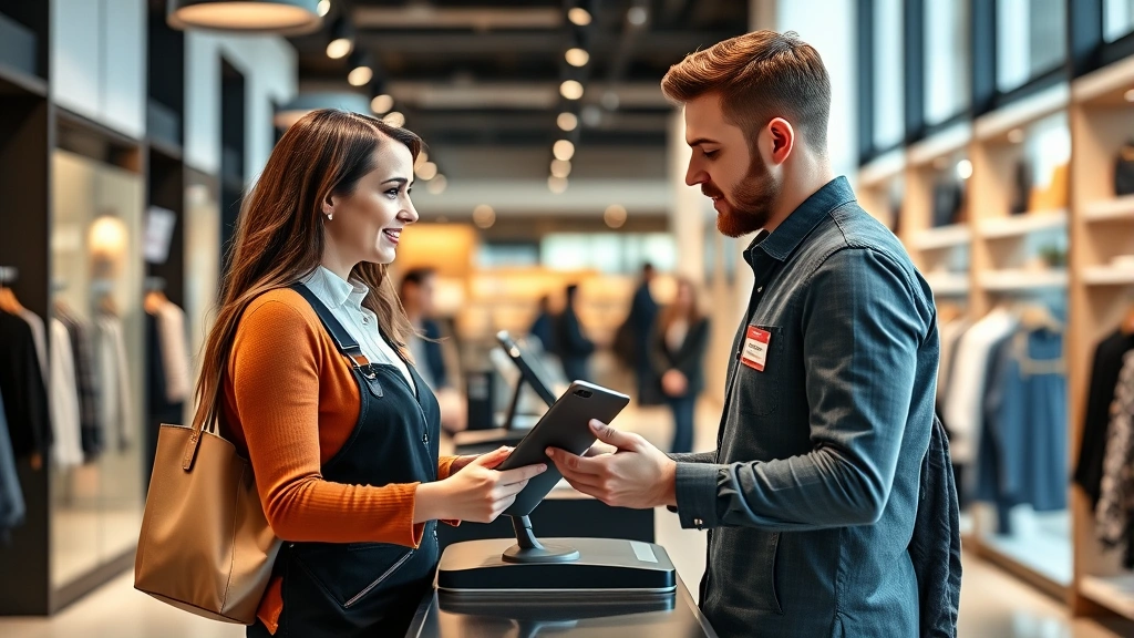 Sales associate operating tablet-based POS system at checkout counter with customer, modern retail environment, focused professional expression, clean contemporary store design, natural daylight