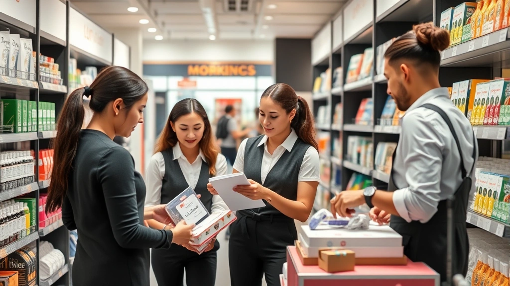 Team of retail sales associates collaborating on visual merchandise display, organizing products on shelves, professional atmosphere, modern retail store interior, morning preparation scene