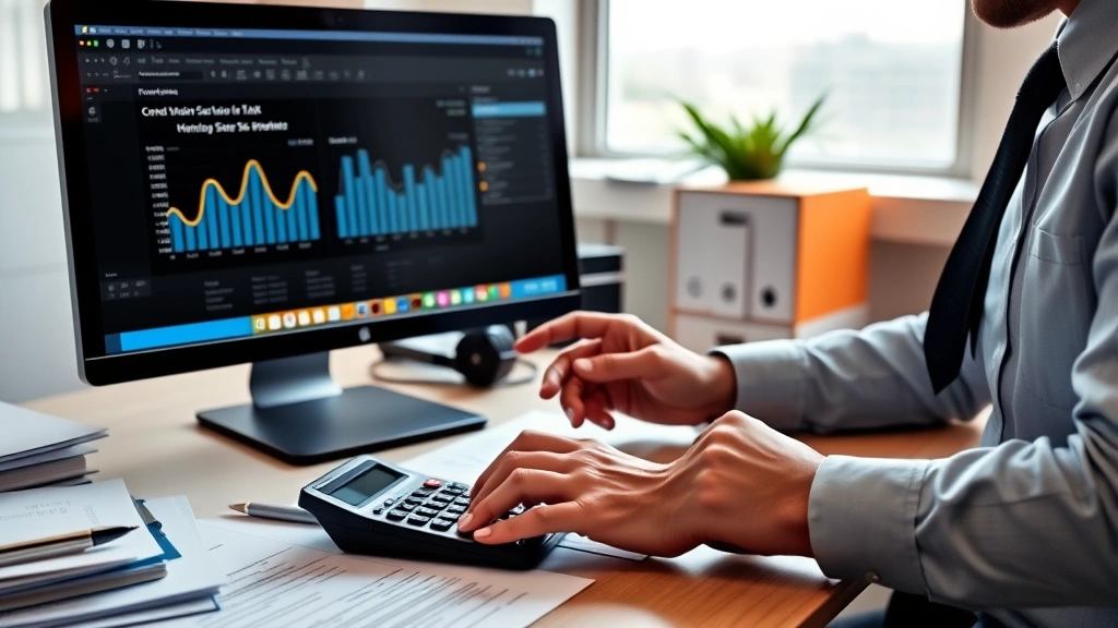Professional accountant reviewing Florida sales tax documents and calculator at modern office desk with computer displaying tax software dashboard, paperwork organized in folders, soft natural lighting emphasizing accuracy and financial management