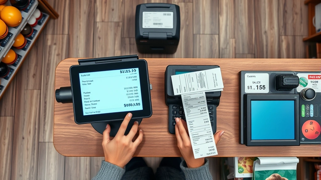 Overhead view of retail store checkout counter with point-of-sale system displaying sales transaction, payment terminal, and receipt printer, showing the moment of sales tax collection in a contemporary retail environment
