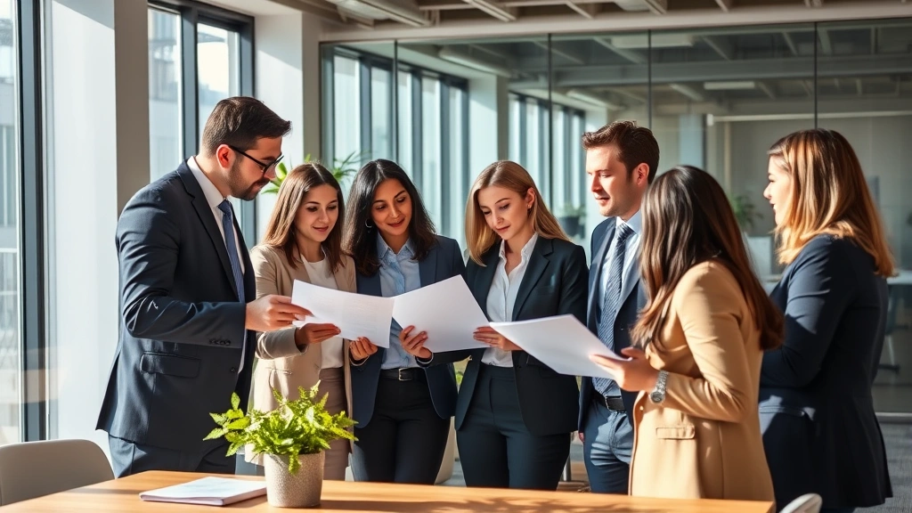 Professional business team in modern office having a meeting, diverse group of people in business attire discussing documents and strategy, natural lighting from windows, contemporary workspace setting