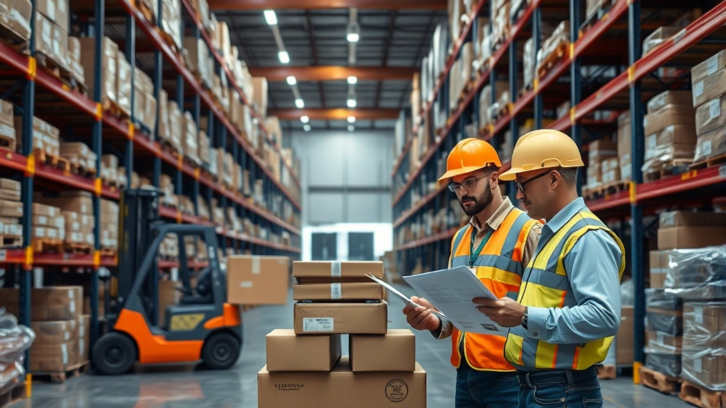 International logistics warehouse with workers checking shipments and packages, forklift in background, organized inventory shelves, workers in safety gear reviewing shipping documents
