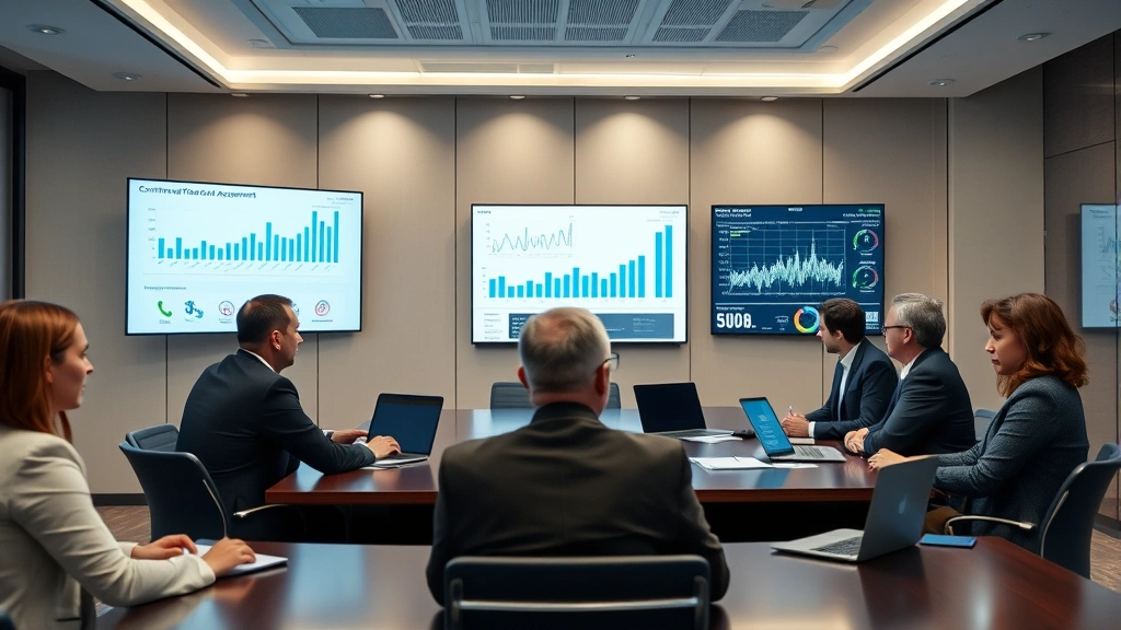 Diverse business professionals in formal meeting room reviewing contracts and agreements, digital displays showing analytics and data, collaborative atmosphere with laptops and tablets