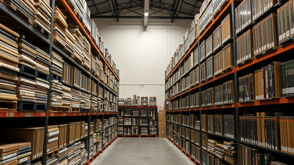 Specialty film distribution warehouse interior with organized archival storage shelving containing rare cinema editions and restored film materials in climate-controlled environment