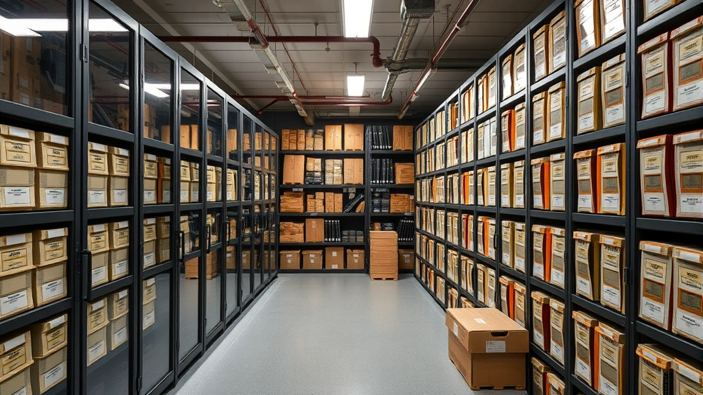 Professional film archival preservation facility showing climate-controlled vault storage with organized filing systems for rare cinema collections and restoration materials