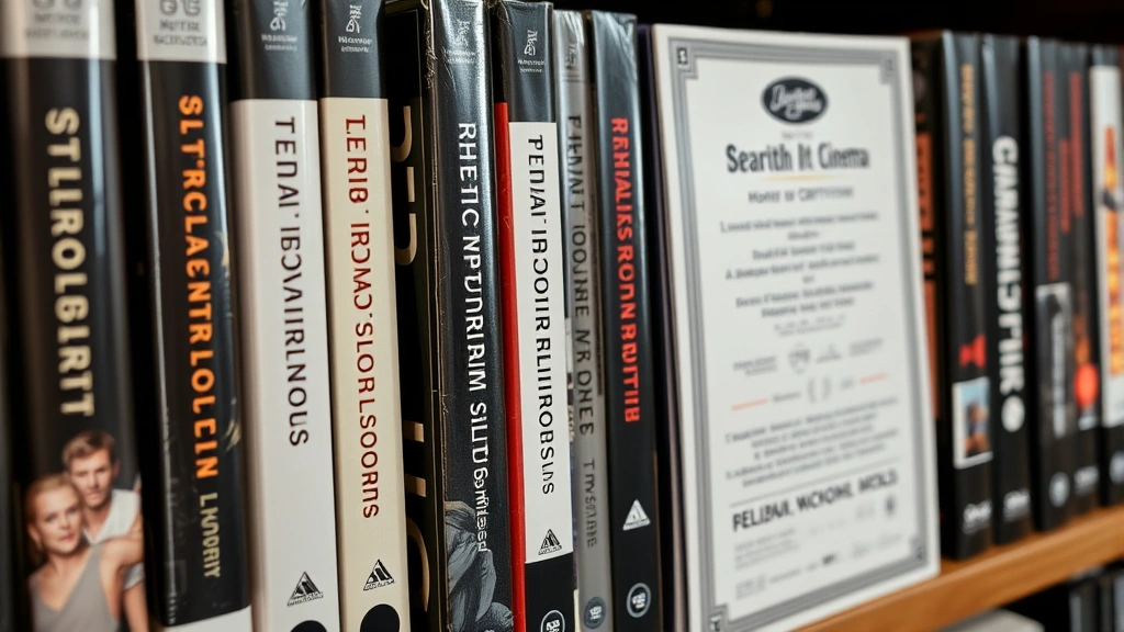 Close-up of premium film collector's shelf displaying carefully organized international cinema releases with restoration documentation and authentication certificates