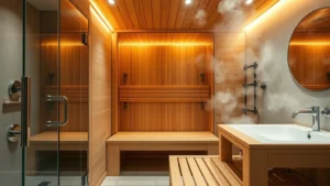 Modern home sauna installation in luxury bathroom with wooden interior, warm ambient lighting, chrome fixtures, and steam rising from sauna bench, clean and professional setting