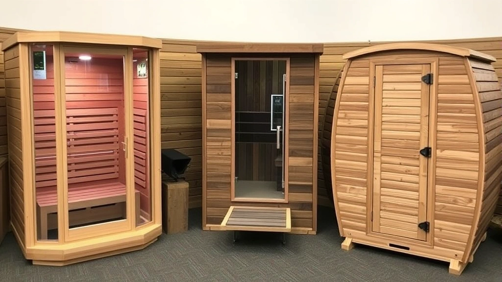 Variety of sauna types displayed in showroom including infrared cabin, wooden barrel sauna, and traditional sauna models with different sizes and finishes on display