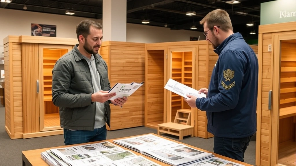 Customer consulting with sauna specialist in retail environment, reviewing product specifications and comparing different sauna models with brochures and installation diagrams on table