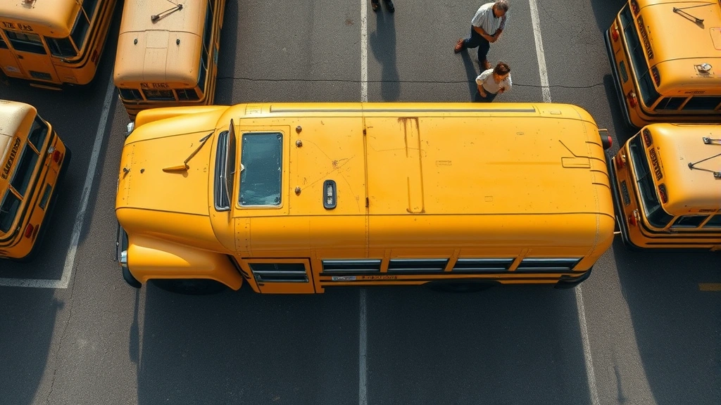 Professional overhead view of a vintage yellow school bus parked in a lot with multiple buses visible, clear daylight, no text or signage visible, emphasizing the bus exterior condition and paint quality