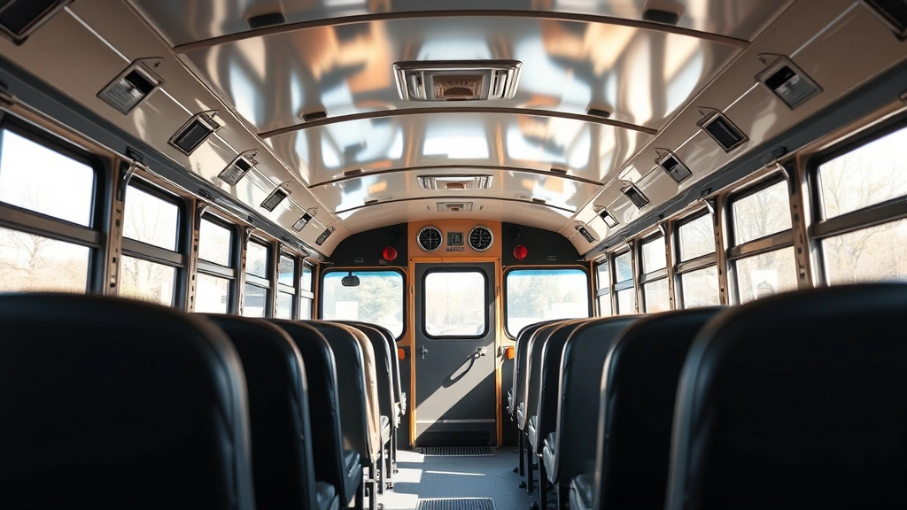 Close-up of school bus interior showing rows of seats and spacious cabin area, natural light from windows, clean well-maintained condition, focusing on structural elements and space potential