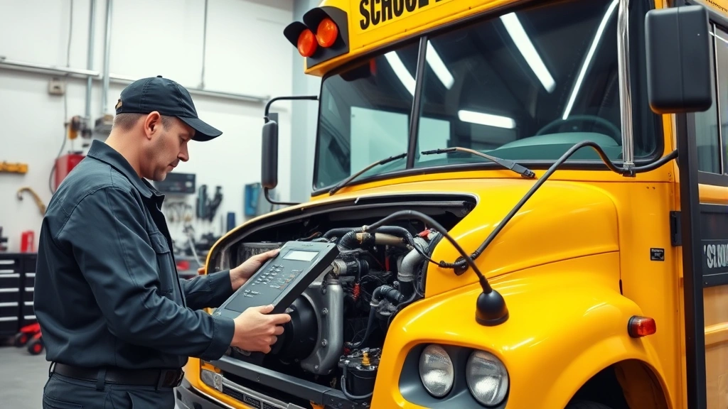 Mechanic performing engine inspection on school bus in professional garage setting, using diagnostic tools, showing engine compartment detail, professional work environment with tools visible