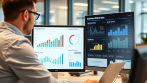 Professional businessman analyzing customer data on computer screen with charts and graphs showing repeat purchase metrics and customer lifetime value in modern office setting