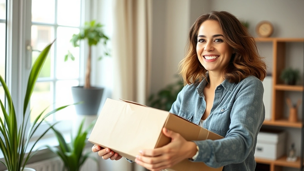 Woman receiving package delivery at home, smiling while holding cardboard box, representing successful repeat customer purchase experience and satisfaction