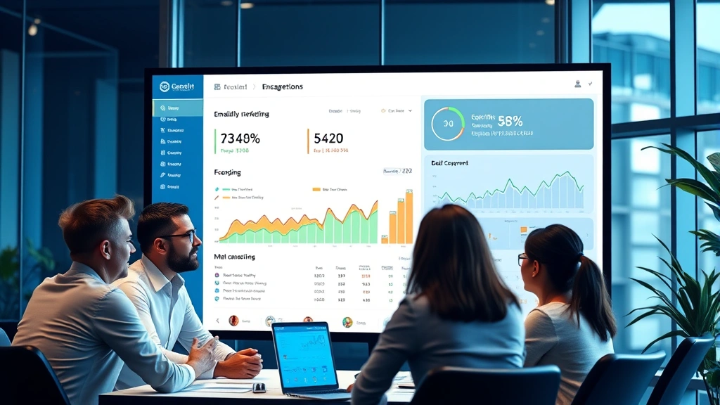 Diverse team of marketing professionals reviewing email campaign performance on large digital display screen with engagement metrics and conversion data visible