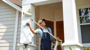 Professional painter applying premium exterior paint to residential home, natural daylight, paint rollers and brushes visible, architectural detail in background, photorealistic commercial quality