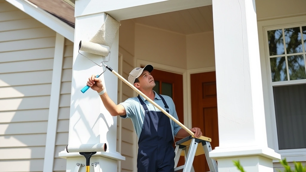 Professional painter applying premium exterior paint to residential home, natural daylight, paint rollers and brushes visible, architectural detail in background, photorealistic commercial quality