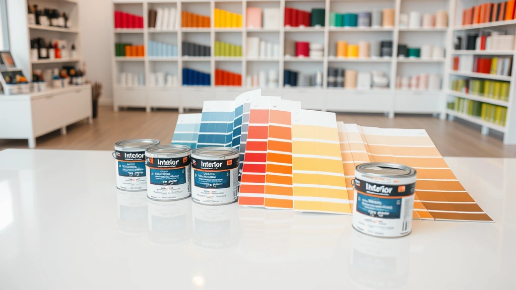 Interior paint color swatches and paint cans arranged on clean white surface, multiple colors displayed, professional retail environment, modern aesthetic, close-up product showcase