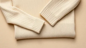 Overhead flat lay of folded beige cashmere sweater displaying fine knit texture and natural fiber quality, professional product photography style