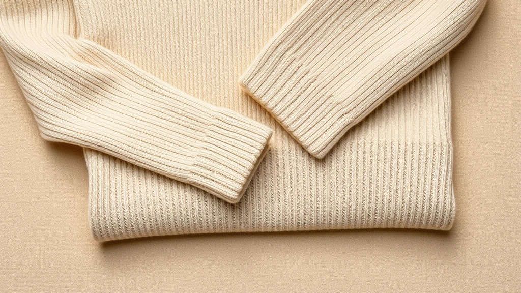 Overhead flat lay of folded beige cashmere sweater displaying fine knit texture and natural fiber quality, professional product photography style