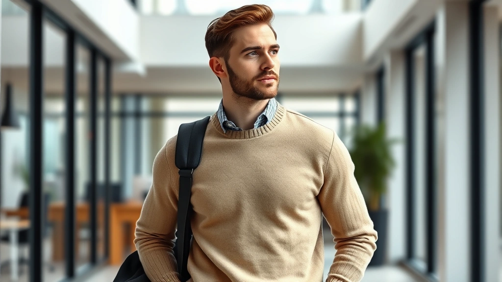 Male model wearing beige cashmere sweater in modern office environment, demonstrating versatile styling with business casual attire