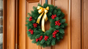 Elegant fresh evergreen Christmas wreath with red berries and gold ribbon hanging on a traditional wooden front door during holiday season