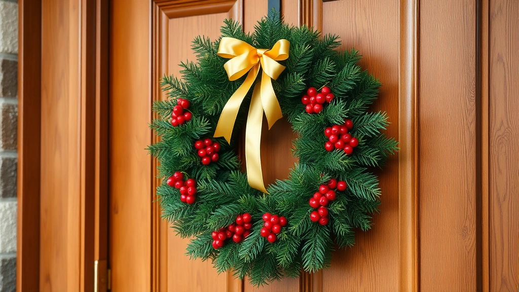 Elegant fresh evergreen Christmas wreath with red berries and gold ribbon hanging on a traditional wooden front door during holiday season