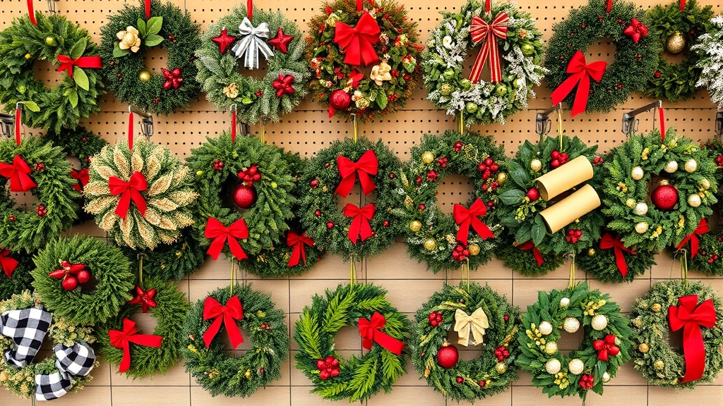 Overhead view of diverse Christmas wreaths displayed in retail setting including prelit, artificial, and decorated options with various styles