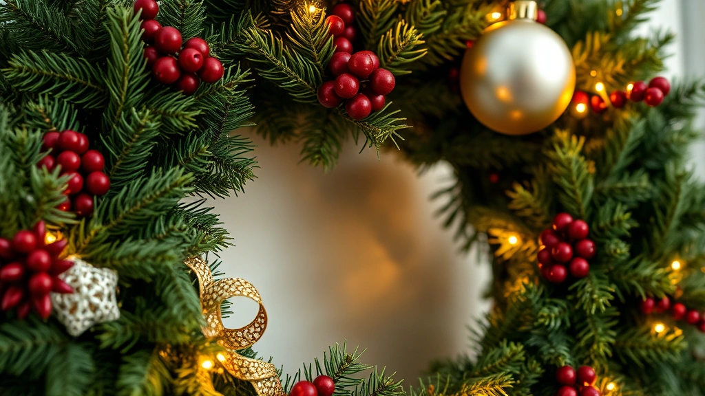 Close-up detail of high-quality wreath construction showing dense foliage, secure embellishments, and realistic textures in warm holiday lighting