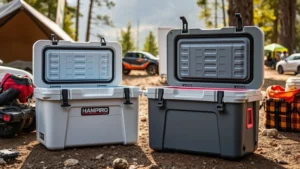 Professional product photography of premium hard-sided coolers in outdoor setting with camping gear, showing insulation details and construction quality, natural daylight, rustic environment