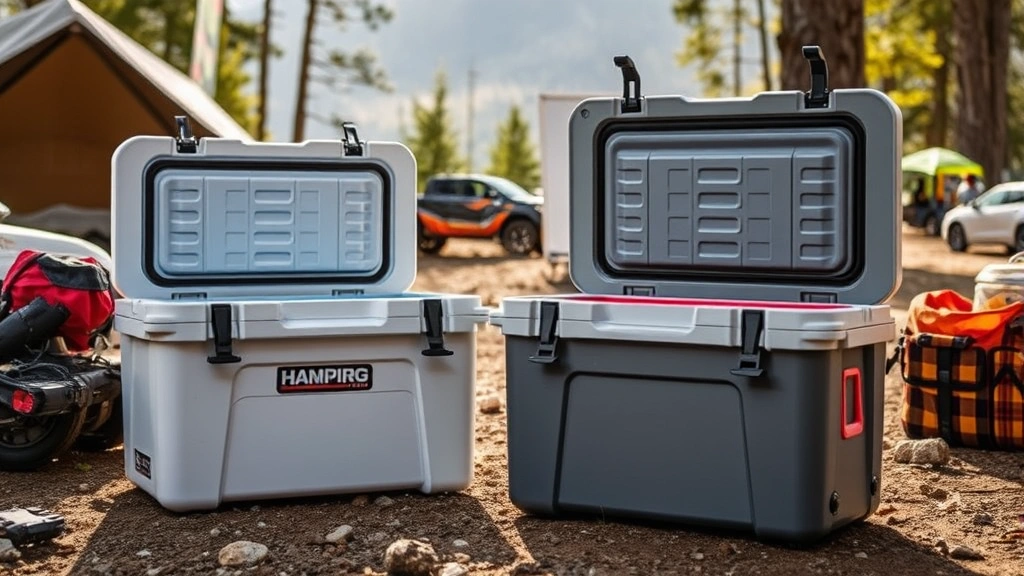 Professional product photography of premium hard-sided coolers in outdoor setting with camping gear, showing insulation details and construction quality, natural daylight, rustic environment