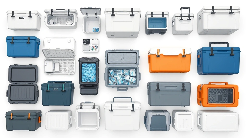 Overhead flat lay composition of diverse cooler models arranged by size and type, displaying soft-sided and hard-sided options with accessories like ice packs and draining systems, clean background