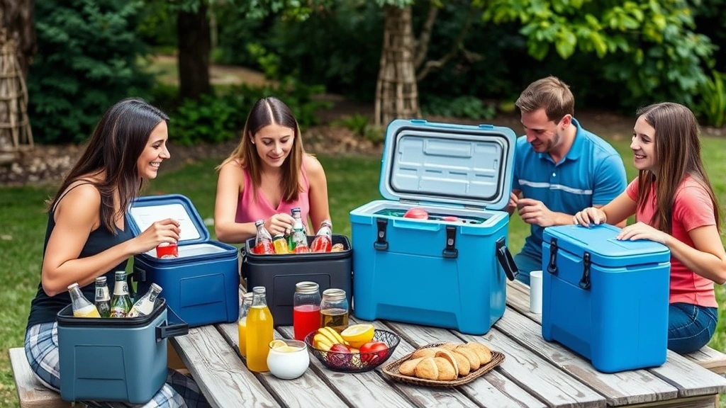 Family outdoor gathering scene with multiple people using various coolers for beverages and food storage at picnic table, showing practical usage scenarios and product integration in lifestyle context
