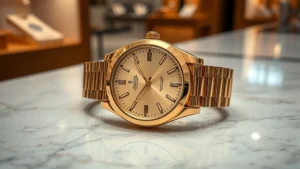 Professional photograph of luxury gold bracelet watch displayed on marble surface with soft natural lighting, showing detailed craftsmanship of gold band and watch face, no text or signage visible, high-end jewelry store aesthetic