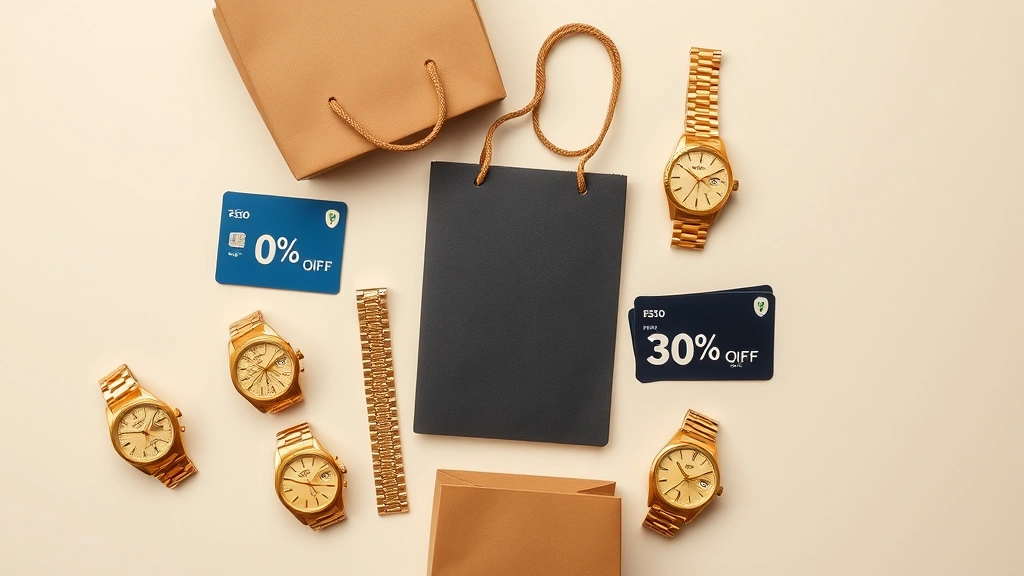 Flat lay composition of gold watches arranged with shopping bags, credit cards, and discount percentage symbols on neutral background, representing luxury e-commerce and sales events, minimalist styling, no storefronts or price tags