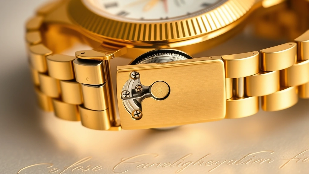 Close-up detailed shot of gold watch bracelet mechanism and clasp showing craftsmanship quality, professional macro photography on blurred luxury background, emphasizing precious metal detail and manufacturing precision