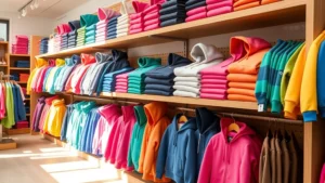 Children's clothing store display with colorful hoodies neatly folded and arranged on wooden shelves, natural lighting, diverse sizes visible, professional retail environment