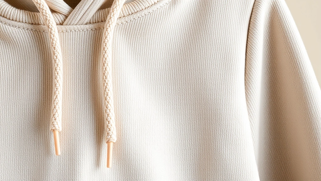 Close-up detail of high-quality kids hoodie fabric texture, showing stitching quality and seams, neutral background, professional product photography lighting