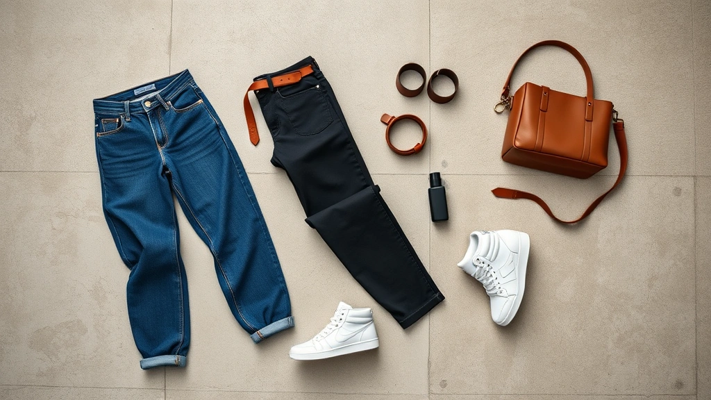 Professional flat-lay photography of women's indigo and black baggy jeans arranged with styling accessories including white sneakers, leather belt, and minimalist handbag on neutral concrete background, natural lighting, high-resolution commercial product photography