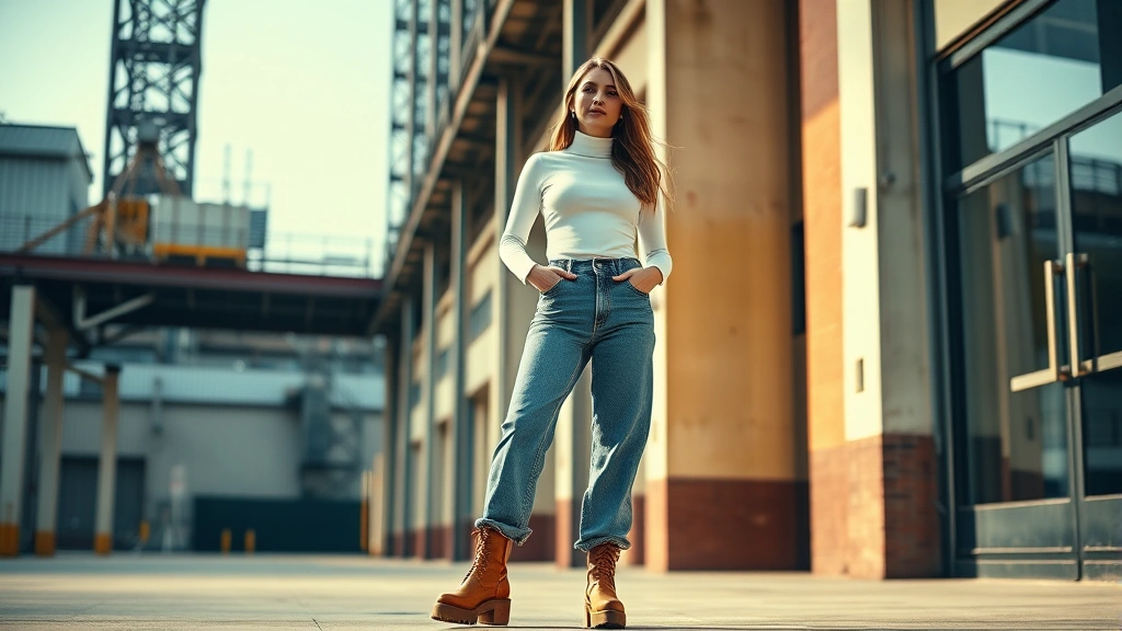 Fashion lifestyle photograph of woman wearing Levi's baggy dad jeans with fitted white turtleneck and chunky platform boots, standing in modern urban setting with industrial architecture, natural daylight, professional retail photography style