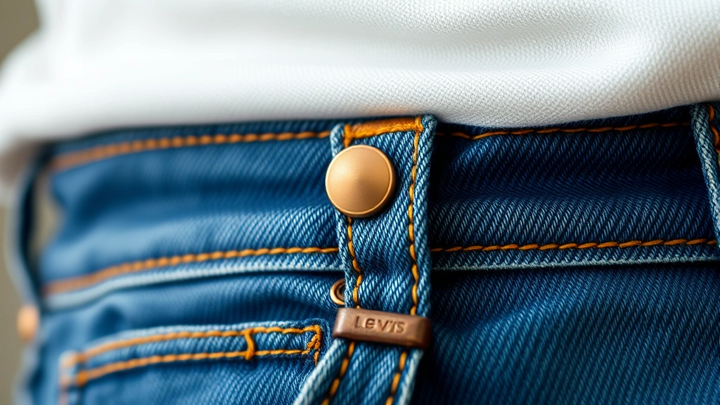 Detailed close-up product photography of Levi's jeans waistband and copper rivets showing authentic construction details, high-quality macro photography demonstrating denim craftsmanship and durability features