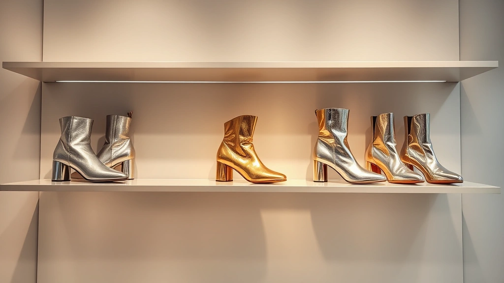 Professional fashion photography of luxury metallic silver and gold boots displayed on sleek modern shelves, minimalist retail environment with soft natural lighting, high-quality leather boots with mirror-like finishes reflecting light beautifully, commerce retail setting