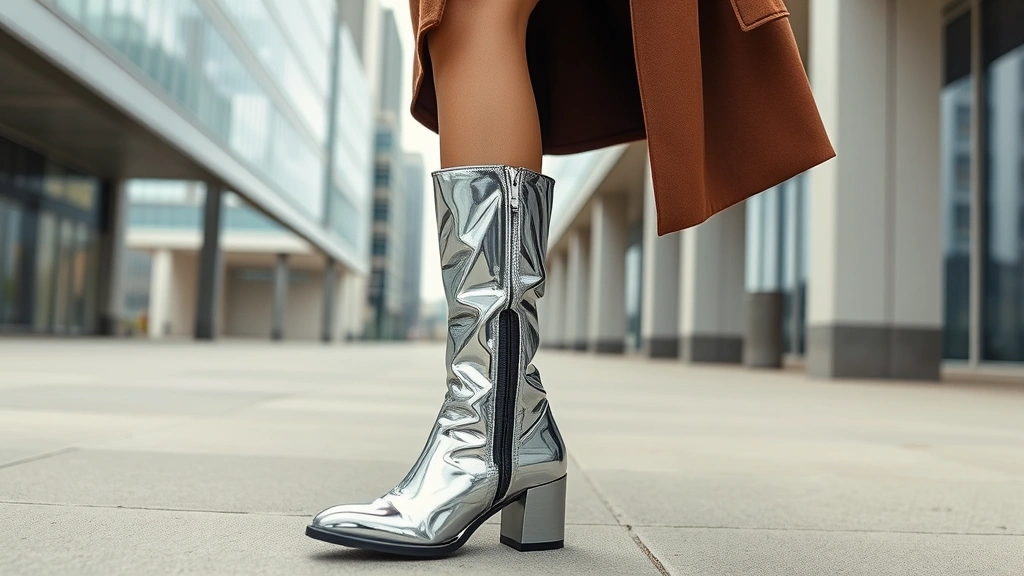 Fashion model wearing metallic chrome boots with monochromatic neutral outfit, urban contemporary setting with modern architecture, professional fashion photography demonstrating styling versatility and practical wearability of metallic footwear