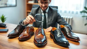 Professional businessman sitting at wooden desk reviewing multiple pairs of oxford dress shoes in different colors and styles, examining shoe details with magnifying glass, well-lit office environment with soft natural lighting, high-quality leather shoes displayed on desk surface