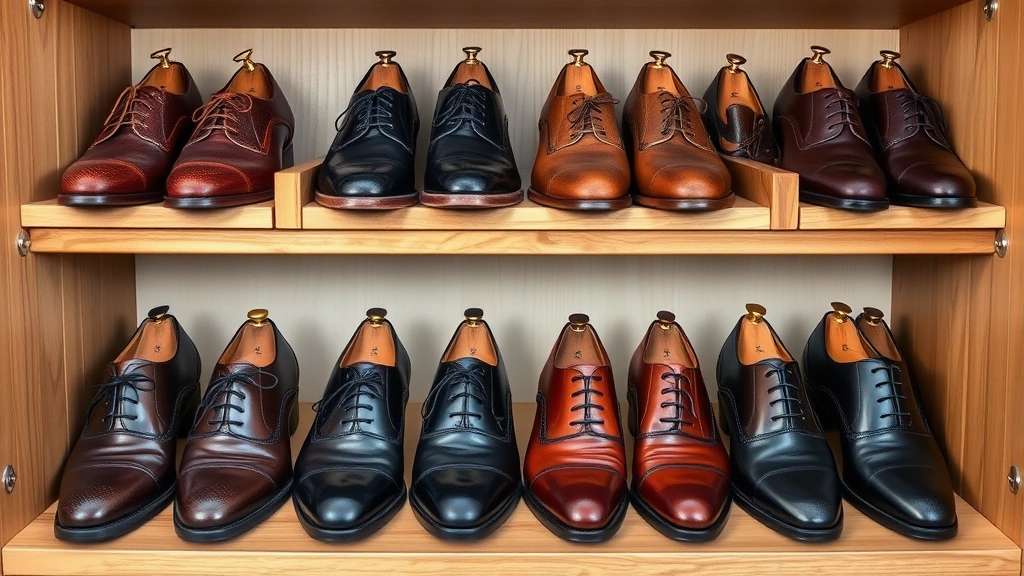 Organized shoe storage display showing multiple pairs of oxford shoes on wooden shoe racks, cedar shoe trees inserted in shoes, organized closet environment, professional wardrobe organization aesthetic, natural lighting emphasizing shoe quality and leather finish