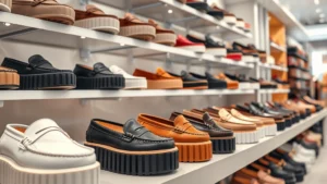 Professional photorealistic image of organized display shelves featuring diverse platform loafers in various colors and styles, modern retail environment with soft lighting, close-up product focus showing shoe details and chunky soles