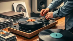 Professional turntable setup on wooden desk with vinyl records stacked nearby, warm studio lighting, showing cartridge and platter detail, person adjusting tone arm with concentration